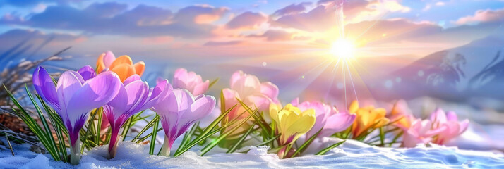purple, pink, and yellow flowers on snowy landscape, winter flower themes, banner