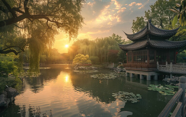 Obraz premium Suzhou garden sunset scenery in China,created with Generative AI tecnology.