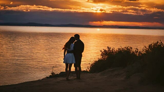 A Young Couple Embracing At Sunset