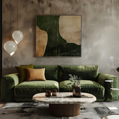 Green velvet sofa and marble coffee table. Art deco home interior design of modern living room. 3d render.