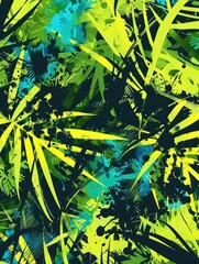 A creative coloful wallart, plant concept, green and blakc, and blue and yellow colors.