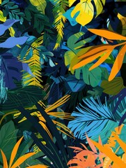 A creative coloful wall art, plant concept, green and blakck and blue and yellow colors.