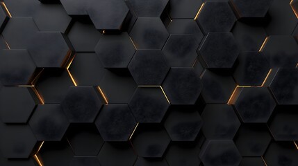 3d render, abstract black background with hexagon pattern on dark grey surface - obrazy, fototapety, plakaty