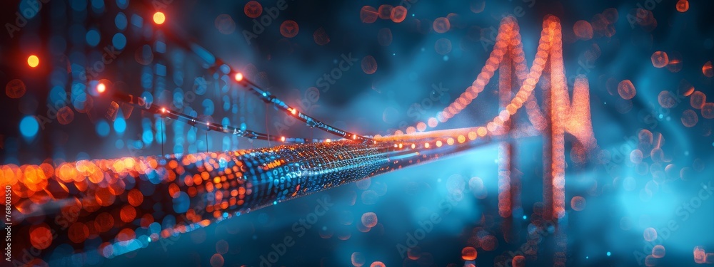 Poster conceptual image of a bridge made of digital codes, representing the connection between investment a