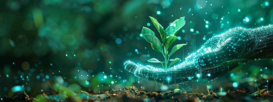 Concept art of a digital hand planting a seed that grows into a robust cybersecurity system, demonstrating strategic investments.