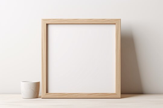 a square wooden frame with a cup on a shelf