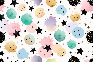 Watercolor texture in pastel colors. Hand drawn seamless abstract background for print on fabric or wrapping paper. Watercolor spots with black stars and dots isolated on white background