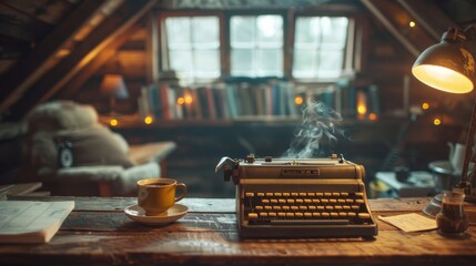 Cozy attic home office setup, rustic wooden desk, vintage typewriter, exposed beams, and a steaming mug of coffee. Soft, warm lighting. - obrazy, fototapety, plakaty