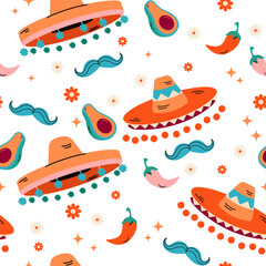 Seamless Mexico pattern on white. Cinco de Mayo seamless pattern, May 5, federal holiday in Mexico. Fiesta banner and poster design. Bright festival party decoration, Cinco de Mayo.