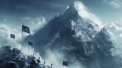 an image of a mountain summit with flags bearing the NIS2 and Cyber Resilience Act logos, surrounded by digital fog - obrazy, fototapety, plakaty