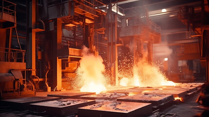 A steel foundry with molten metal pouring into molds, creating industrial sculptures. - obrazy, fototapety, plakaty