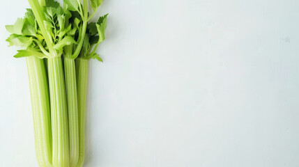 Fresh celery bunch on a clean white background with ample space.