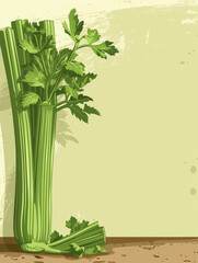 Stylised illustration of celery sticks with leaves on a pale green background.