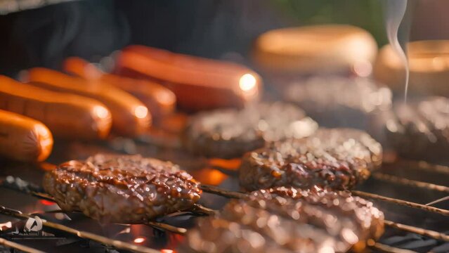 Grilling meat and sausages on barbecue. Summer and outdoor cooking concept. Food photography for restaurant menu, BBQ party invitation. Close-up view