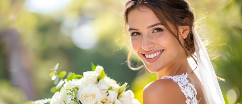 The bride holds a beautiful wedding bouquet of white flowers in her hands. Beautiful pastel wedding bouquet in bride's hands, bokeh background. Generative ai