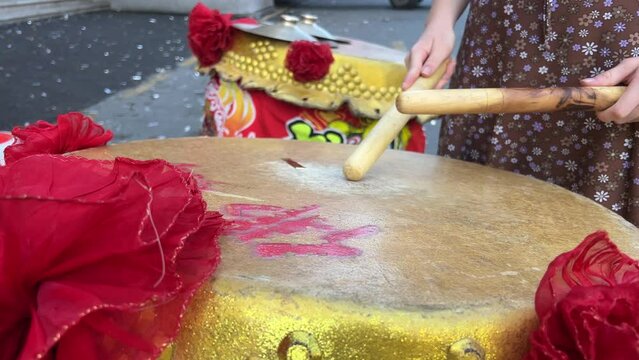 Ho Chi Minh City Vietnam drums Drum player playing dhol during baraat ceremony celebration, on Hindu wedding
