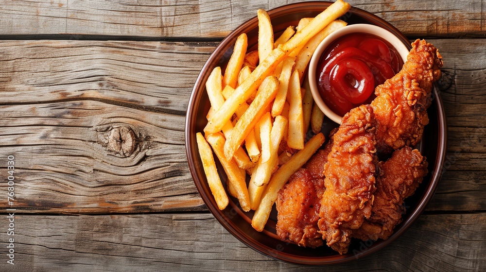 Wall mural A plate of crispy fried chicken tenders and french fries on a rustic wooden table, reminiscent of a cozy home kitchen