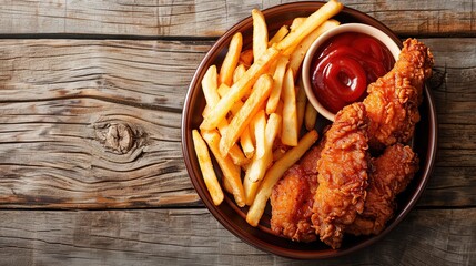 A plate of crispy fried chicken tenders and french fries on a rustic wooden table, reminiscent of a cozy home kitchen - obrazy, fototapety, plakaty