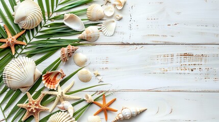 A visually stunning composition showcasing tropical palm leaves intricately intertwined with an assortment of seashells and starfish, arranged on a white wooden backdrop
