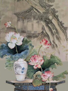 Beautiful watercolor painting of lotus flowers and leaves in a pond, in an influential and harmonious style of colors. Zen style.