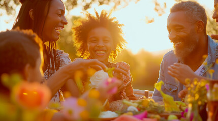 Laughter and Love: Family Picnic in a Blossoming Park - obrazy, fototapety, plakaty
