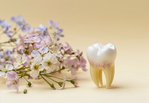 human tooth, with flowers on it, light colored background, for the dentist room, tooth picture, portrait 