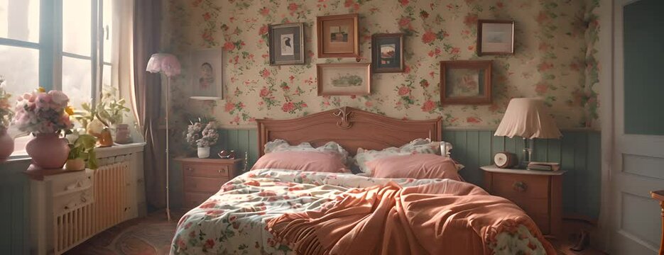 A bedroom with a floral wallpaper and a bed with a floral comforter 4K Video