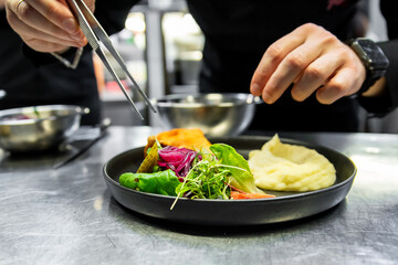 Chef’s hands meticulously garnishing a gourmet dish with fresh herbs, showcasing the art of fine...
