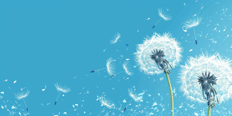 Dandelion seeds blowing in the wind on a blue sky background with copy space. Goodbye Summer. Hope and dreaming concept. Fragility. Springtime,banner