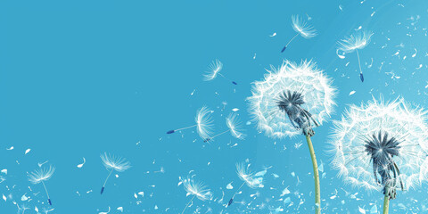 Obraz premium Dandelion seeds blowing in the wind on a blue sky background with copy space. Goodbye Summer. Hope and dreaming concept. Fragility. Springtime,banner