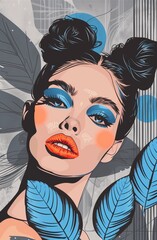 portrait of an elegant woman with blue eyeliner, orange lipstick and hair in buns, with some colored blue leaves on a grey background, with vertical stripes, pop art style, fashion magazine cover,