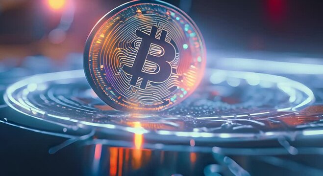 Lustrous Bitcoins illuminate the scene with their gold color, set against a circuit pattern bathed in electric blue light, providing copy space for editorial use.