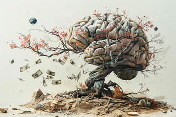 A brain is growing out of a tree with money falling from it