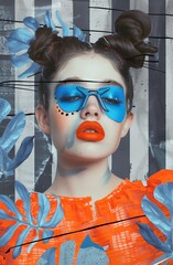 portrait of an elegant woman with blue eyeliner, orange lipstick and hair in buns, with some colored blue leaves on a grey background, with vertical stripes, pop art style, fashion magazine cover,