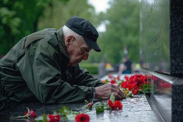 Capture of Memorial Day with an image of a veteran laying wreaths at the foot of a war memorial, paying homage to their fallen comrades and reflecting on the price of freedom. - obrazy, fototapety, plakaty