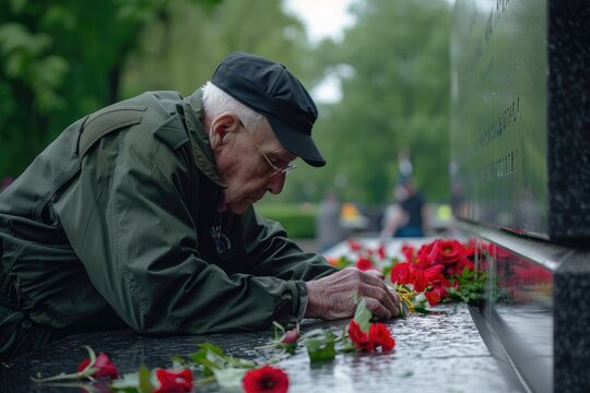 Capture of Memorial Day with an image of a veteran laying wreaths at the foot of a war memorial, paying homage to their fallen comrades and reflecting on the price of freedom.