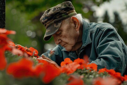 Capture of Memorial Day with an image of a veteran laying wreaths at the foot of a war memorial, paying homage to their fallen comrades and reflecting on the price of freedom.