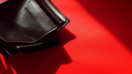 A black leather wallet lays partially open against a vivid red background, creating a stark and luxurious contrast.