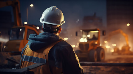 A worker in a hard hat operating heavy machinery in a construction site. - obrazy, fototapety, plakaty
