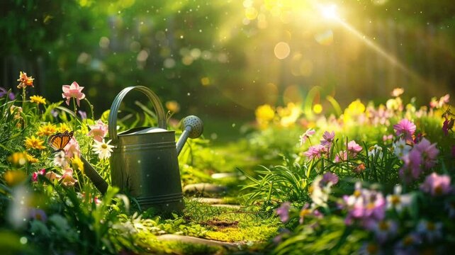Garden with watering can and butterflies animation video looping motion