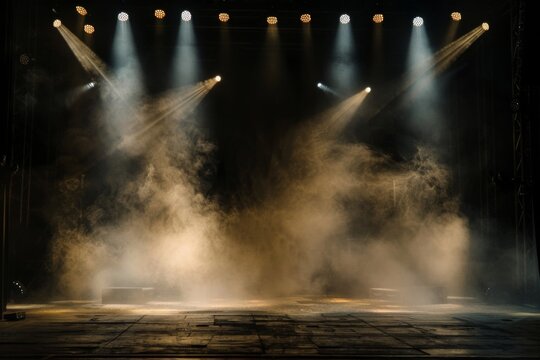 empty stage with spotlights, dark background, smoke, cinema lights in the style of an empty stage Generative AI