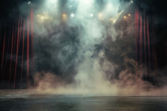 Dark stage with spotlights and smoke, empty scene for theater or cinema performance Generative AI