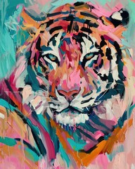 Tiger portrait, oil painting, palette knife, loose strokes, neon fur, pink, teal, orange, blue, beautiful.