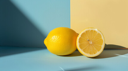 A whole and half-sliced lemon with leaves on a blue and yellow dual-tone background.