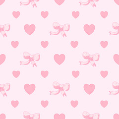 Cute bow, seamless pattern with pastel pink hearts on pastel background.