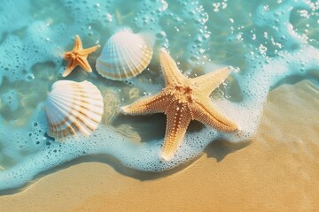Fototapeta na wymiar Starfish and seashell on the summer beach in sea water. Summer background. Summer time. generative ai.