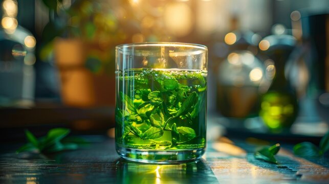 absinthe in glass with lime slices on dark background