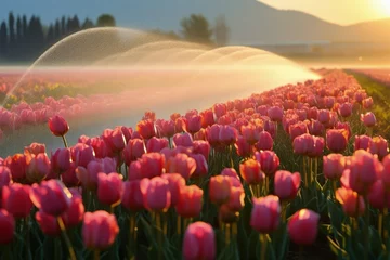 Fotobehang Tulip field being watered at sunrise t © BetterPhoto