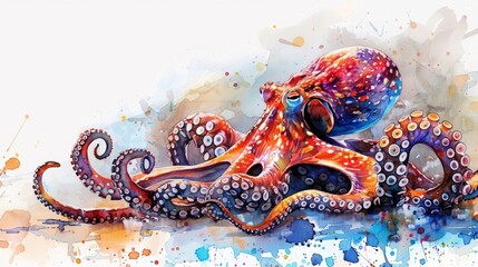 A watercolor painting of a curious octopus extending tentacles to catch a crab.