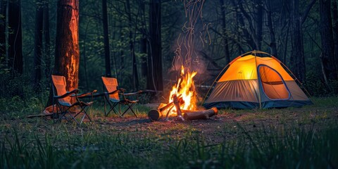 Beautiful bonfire with burning firewood near chairs and camping tent in forest - Powered by Adobe
